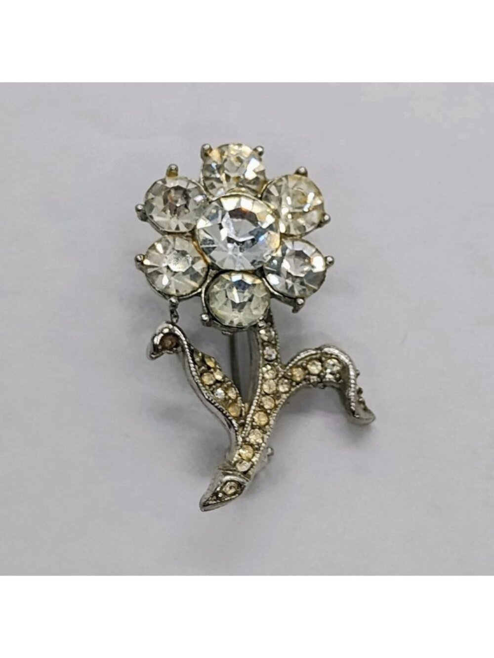 Vtg Mid Century Faceted Rhinestone Flower Brooch Silver Tone w/Long Stem 1.5" - Picture 2 of 4
